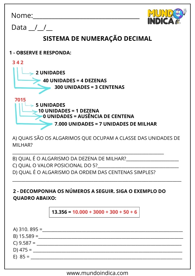 Atividade de matemática 2º ano sobre o sistema de numeração decimal e valor posicional