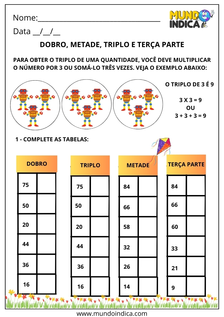 Atividade de matemática do 2º ano com tabela de dobro, triplo, metade e terça parte