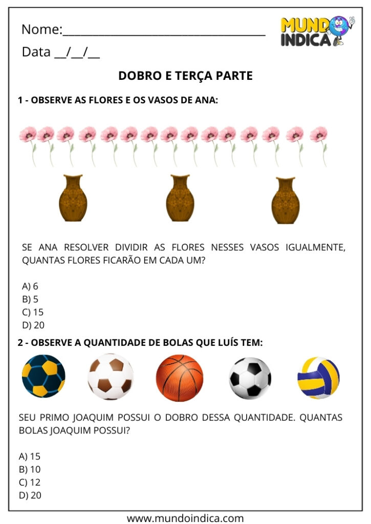 Atividades sobre Dobro, Metade, Triplo e Terça Parte para o 2º ano