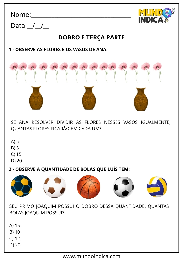 Atividade de matemática para o 2º ano sobre dobro e terça parte com apoio de imagens e quantidades do cotidiano