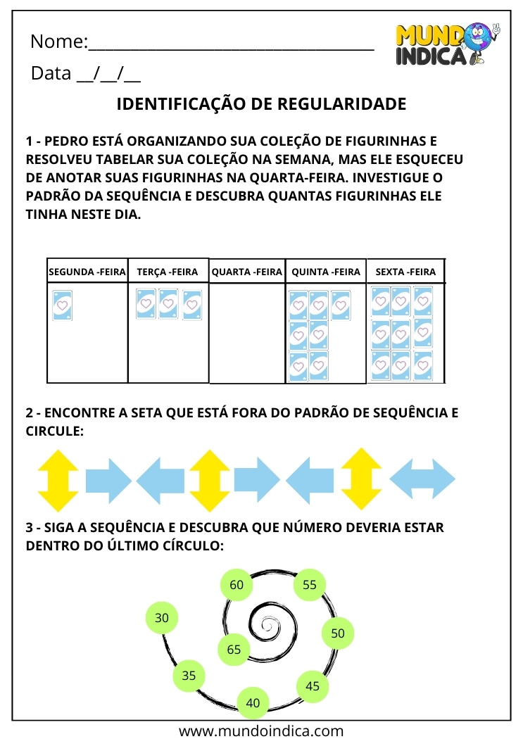 Atividade de matemática para o 2º ano sobre identificação de padrões e regularidade