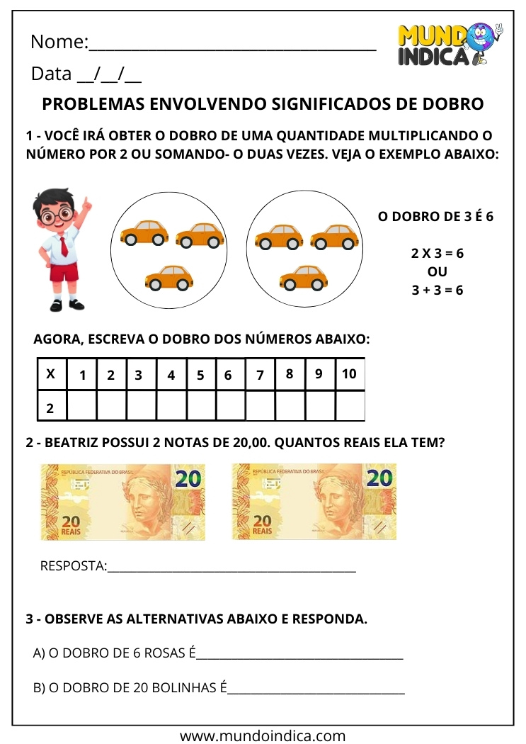 Atividade de matemática para o 2º ano sobre o conceito de dobro, com problemas ilustrados e situações