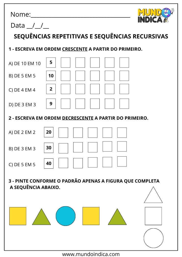 Atividade de sequência crescente e decrescente com regularidade para o 2º ano conforme a BNCC