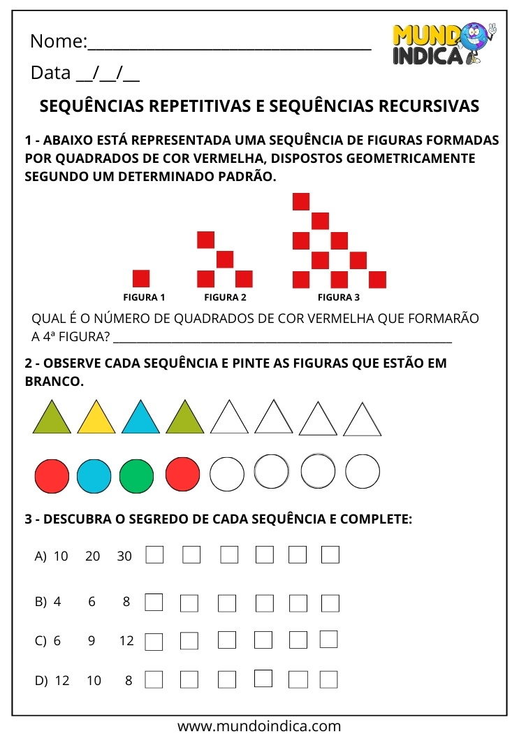 Atividade de sequências recursivas e repetitivas com figuras geométricas para o 2º ano