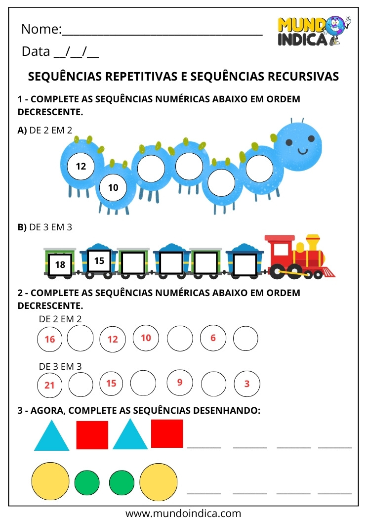Atividade de sequências repetitivas e recursivas para o 2º ano com padrões numéricos e figuras