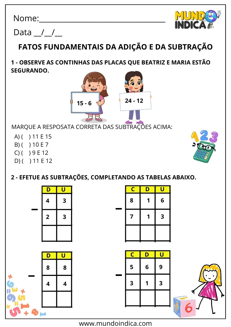 Atividade sobre Fatos Fundamentais da Adição e da Subtração para o 2º Ano para Imprimir 3