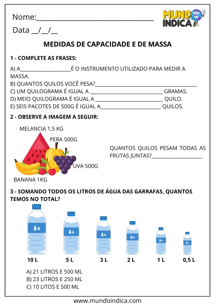 Atividade sobre Instrumentos de Medidas e Exercícios sobre Capacidade e Massa para o 2º Ano