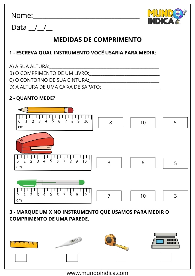 Atividade sobre Instrumentos para Medidas de Comprimento para 2º Ano para Imprimir