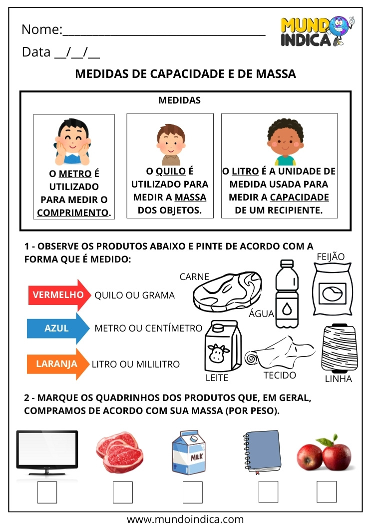 Atividade sobre Medidas de Comprimento, Capacidade e Massa para o 2º Ano