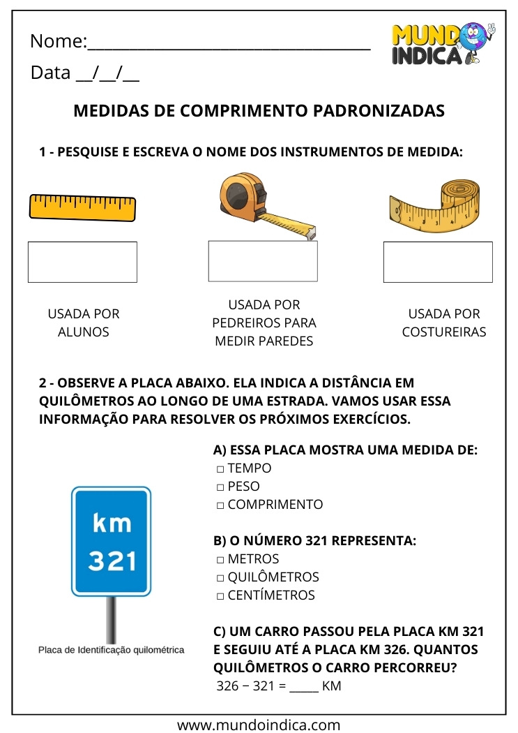 Atividade sobre Medidas de Comprimento Padronizadas para 2º Ano para Imprimir