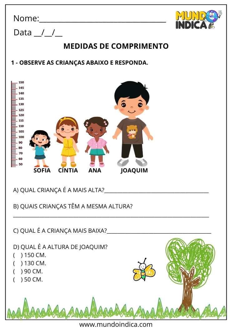 Atividade sobre Medidas de Comprimento para 2º Ano com Comparação de Altura das Crianças