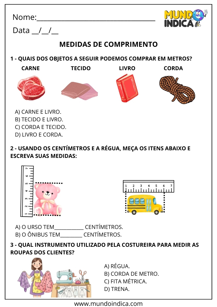 Atividade sobre Medidas de Comprimento para 2º Ano com Metros, Centímetros e Instrumento de Medida