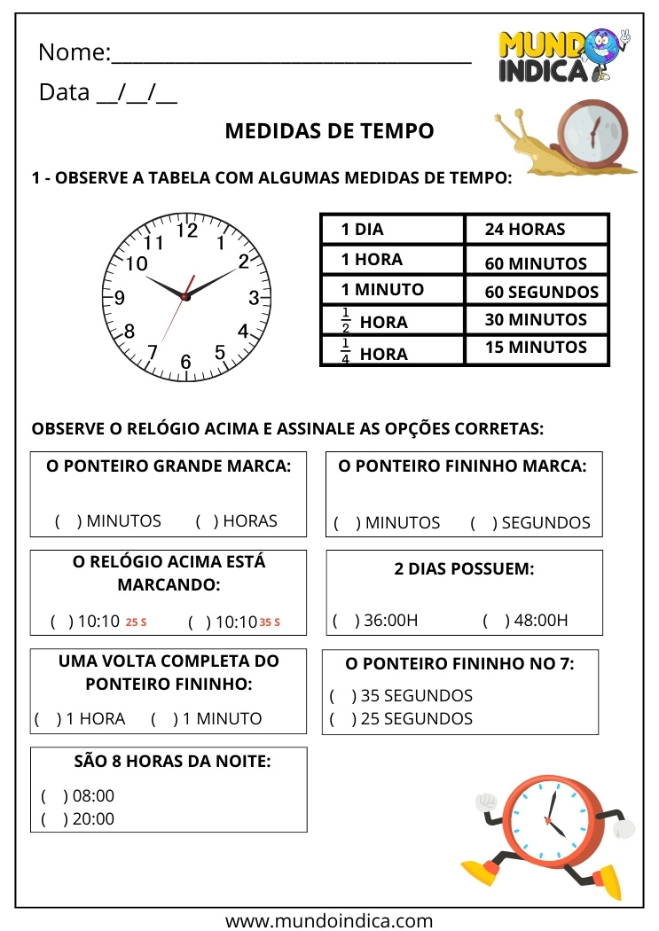 Atividade sobre Medidas de Tempo para 2º Ano com Dia, Horas, Minutos, Segundos e Exercícios com Relógio
