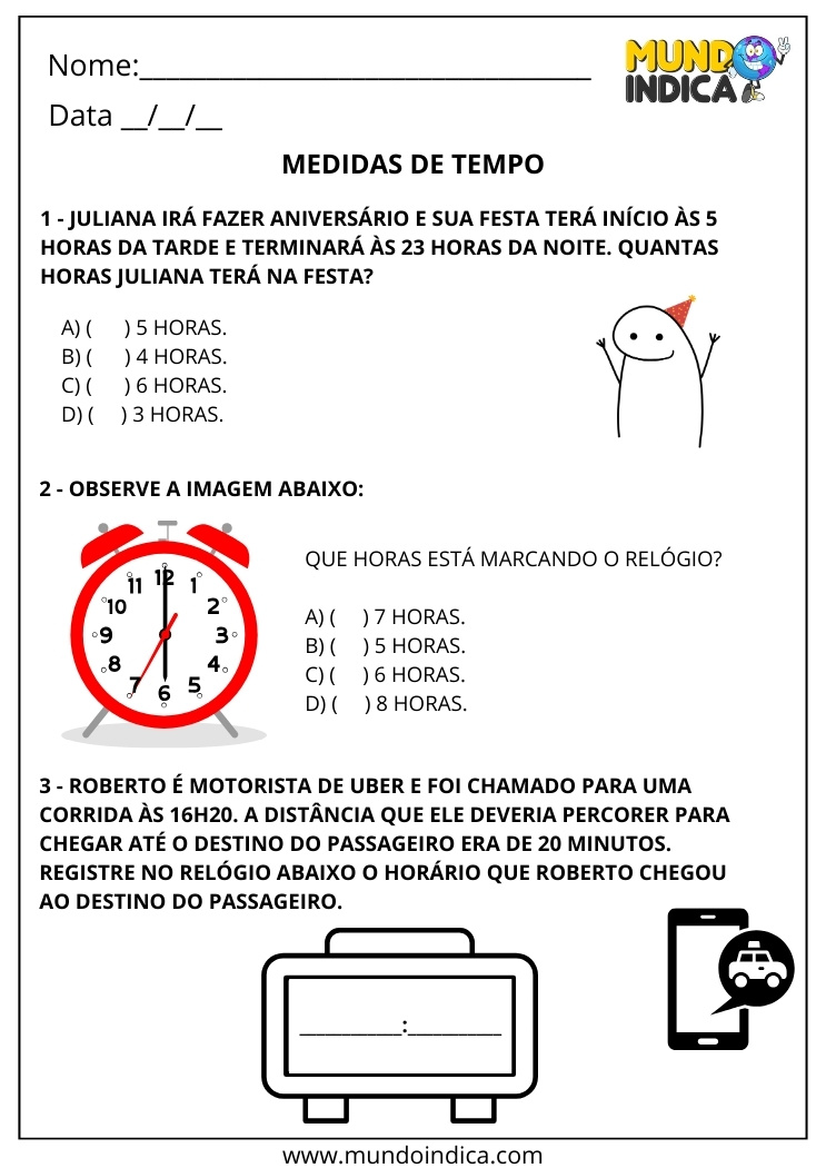 Atividade sobre Medidas de Tempo para 2º Ano com Exercícios sobre Duração de Acontecimentos