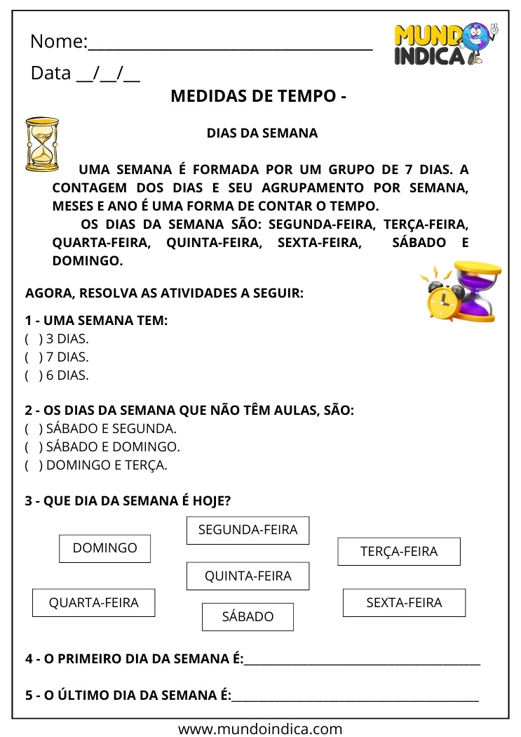 Atividade sobre Medidas de Tempo para 2º Ano com Exercícios sobre os Dias da Semana