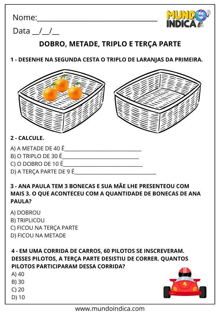 Atividades sobre Dobro, Metade, Triplo e Terça Parte para o 2º ano