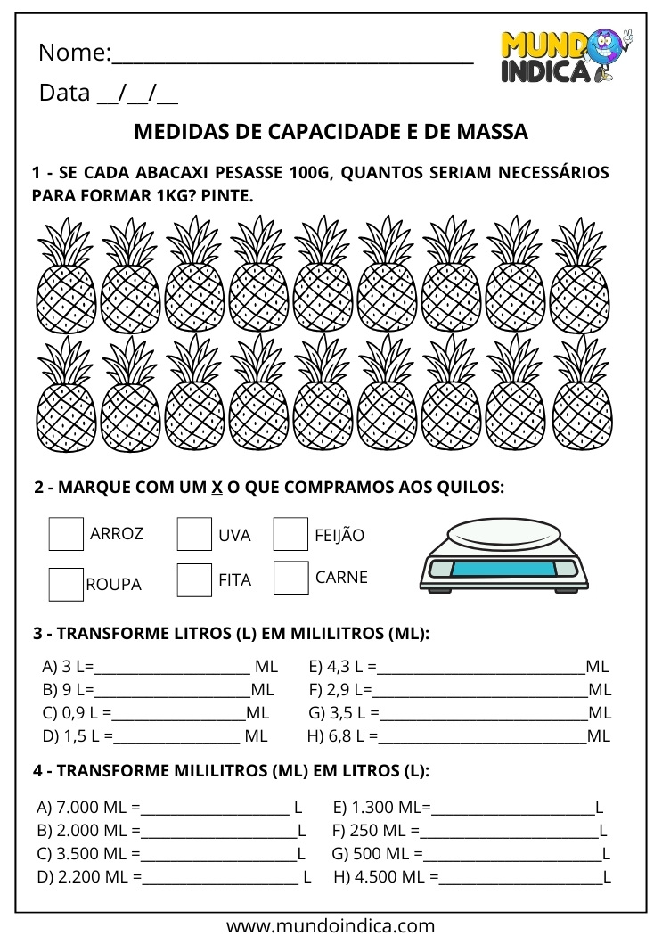Atividades sobre Medidas de Capacidade e de Massa para o 2º Ano Pinte os Abacaxis e Transforme Litros em Mililitros