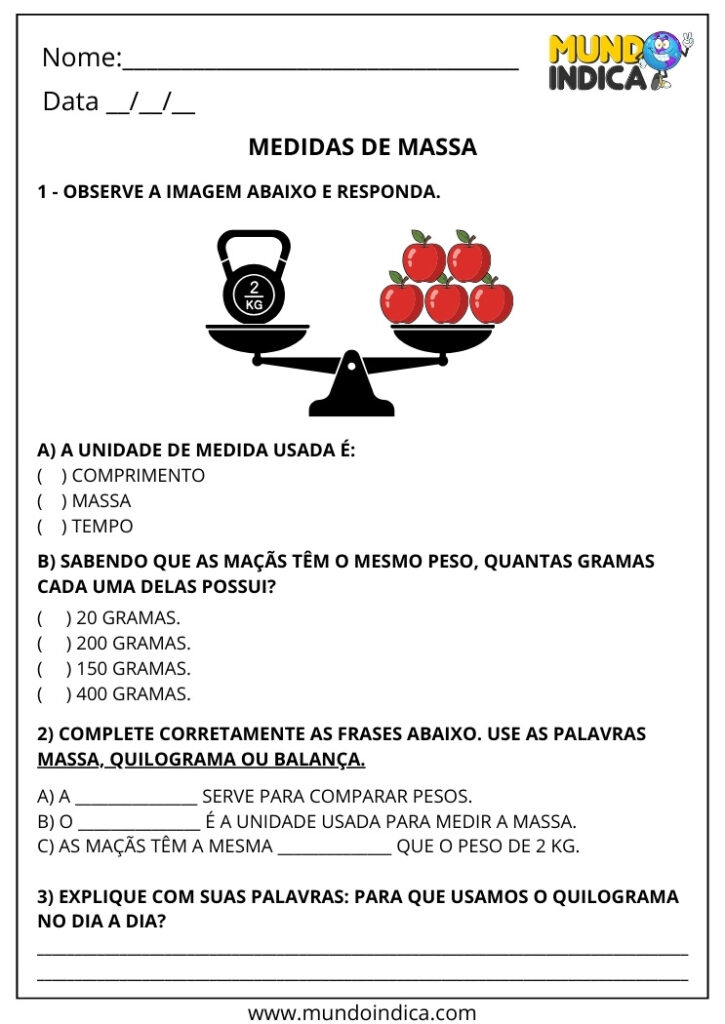 Atividades sobre Medidas de Capacidade e de Massa para o 2º Ano