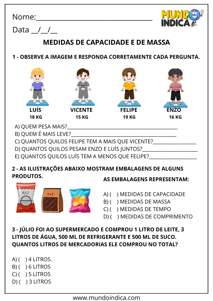 Folha de Atividade com Exercícios sobre Medidas de Capacidade e de Massa para o 2º Ano