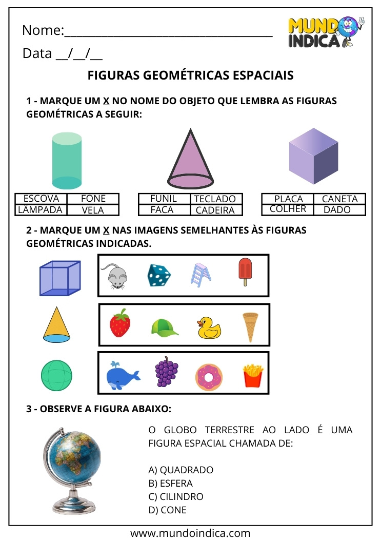 Folha de Atividade de Matemática 2º ano com Exercícios de Figuras Geométricas Espaciais para Imprimir