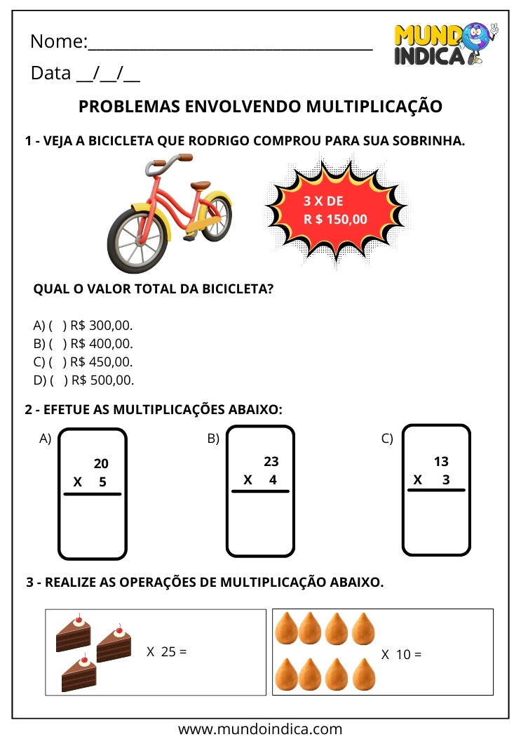 Folha de Atividades com Exercícios de Multiplicação para o 2º Ano para Imprimir