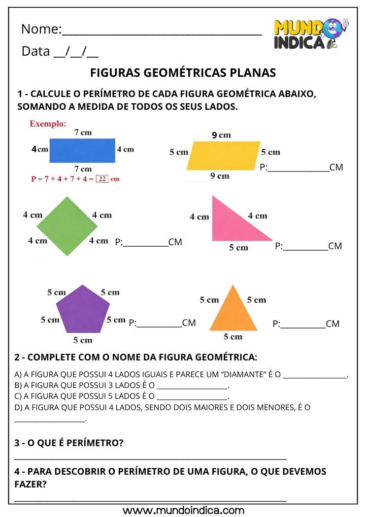 Atividade de Matemática 3º ano Calcule o Perímetro de cada Figura Geométrica Plana