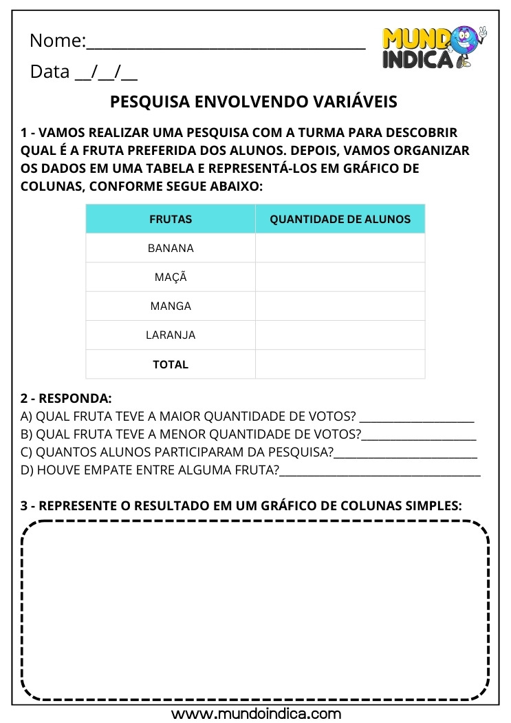 Atividade de Matemática 3º ano Pesquisa e Organização de Dados em Tabela e Desenho de Gráfico de Colunas para Representar o Resultado