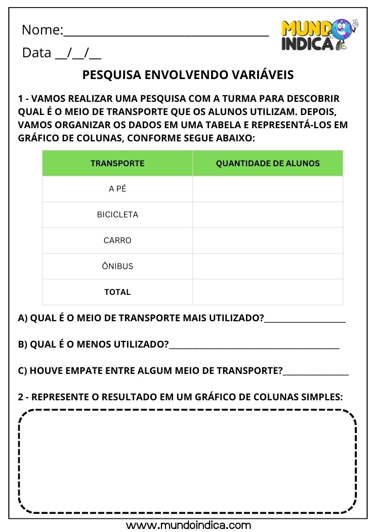 Atividade de Matemática 3º ano Pesquisa e Organização de Dados em Tabela e Representação do Resultado em Gráfico de Colunas Simples
