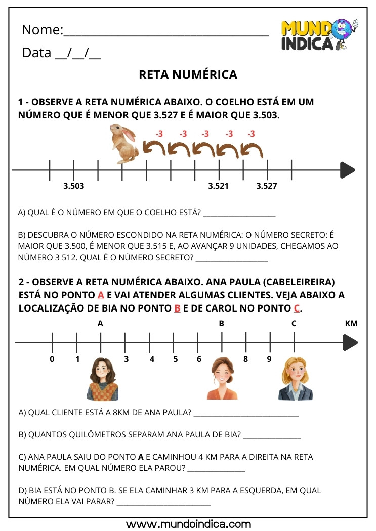 Atividade de Matemática 3º ano Problemas na Reta Numérica, Subtração dos Pontos para Encontrar a Localização