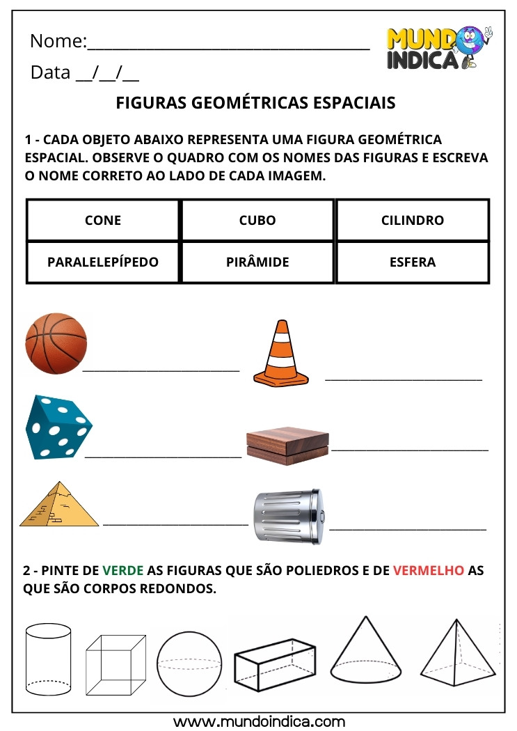 Atividade de Matemática 3º ano - Reconhecimento das Figuras Geométricas Espaciais com Objetos do Mundo Físico, Poliedros e Corpos Redondos