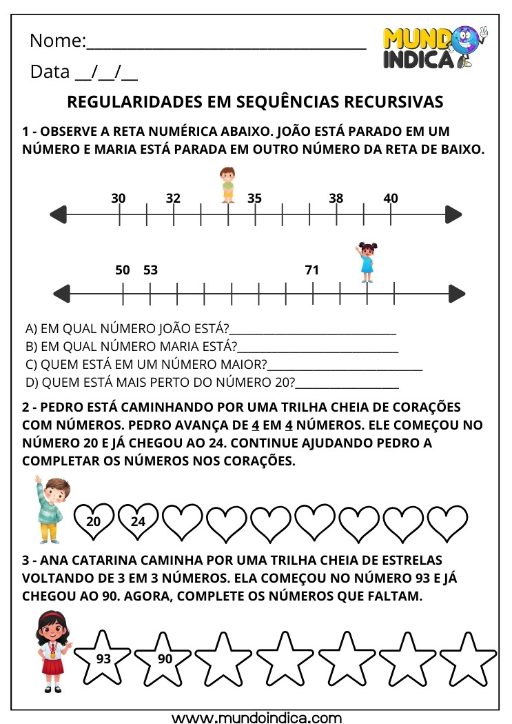 Atividade de Matemática 3º ano - Regularidades em Sequências Recursivas Crescente e Decrescente e Reta Numérica