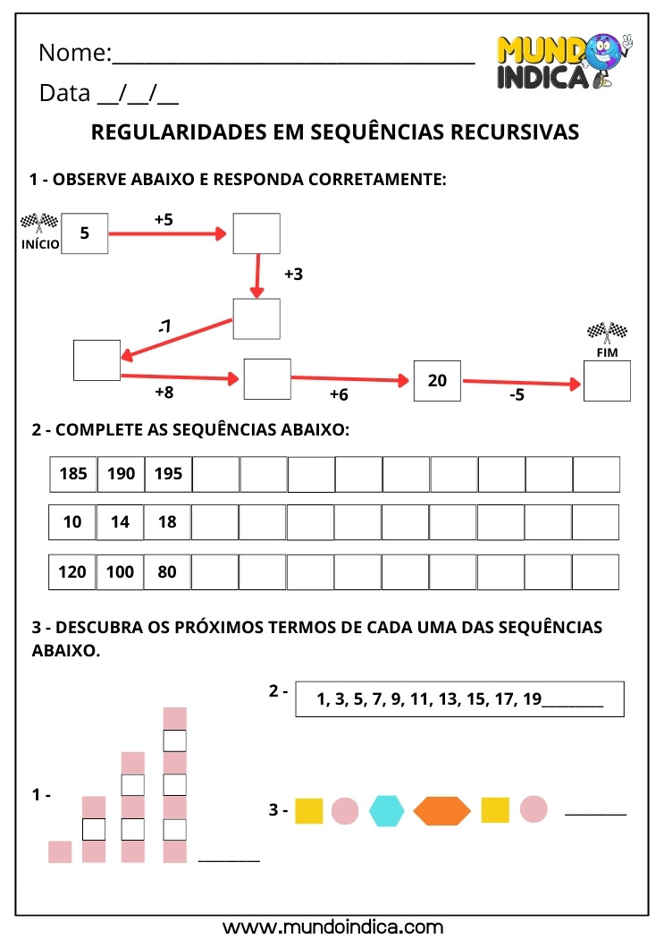 Atividade de Matemática 3º ano - Regularidades em Sequências Recursivas com Adição e Subtração, Crescente e Decrescente, e Padrão das Figuras