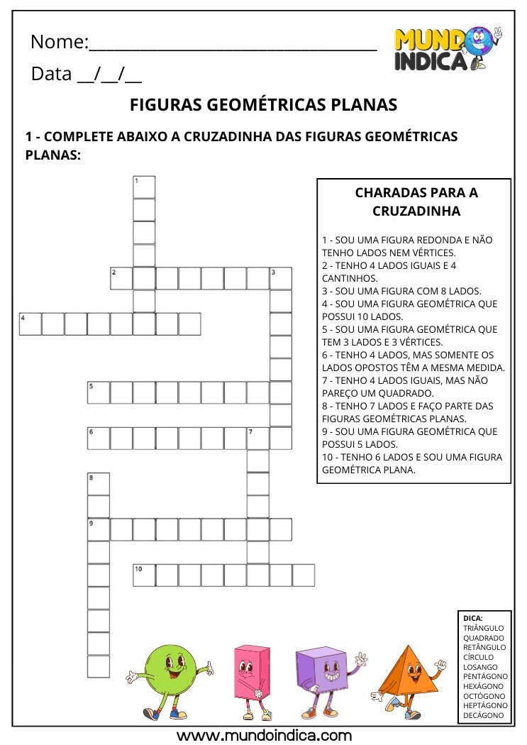 Atividade de Matemática 3º ano com Cruzadinha das Figuras Geométricas Planas