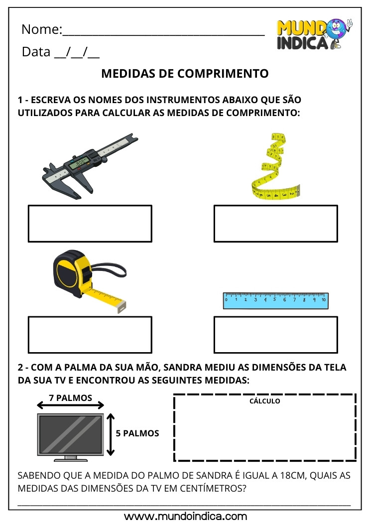 Atividade de Matemática 3º ano com Instrumentos de Medidas de Comprimento e Exercício com Cálculo das Dimensões da Tv