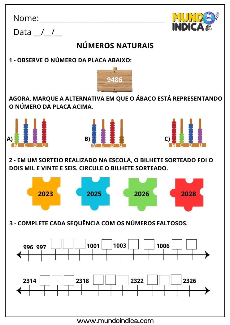 Atividade de Matemática 3º ano com Números Naturais de Quatro Ordens com Ábaco e Sequência para Completar os Números Faltosos para Imprimir