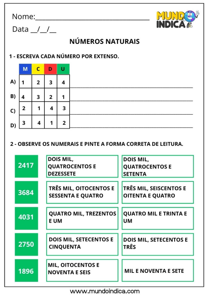 Atividades de Matemática 3º ano com Números Naturais de Quatro Ordens