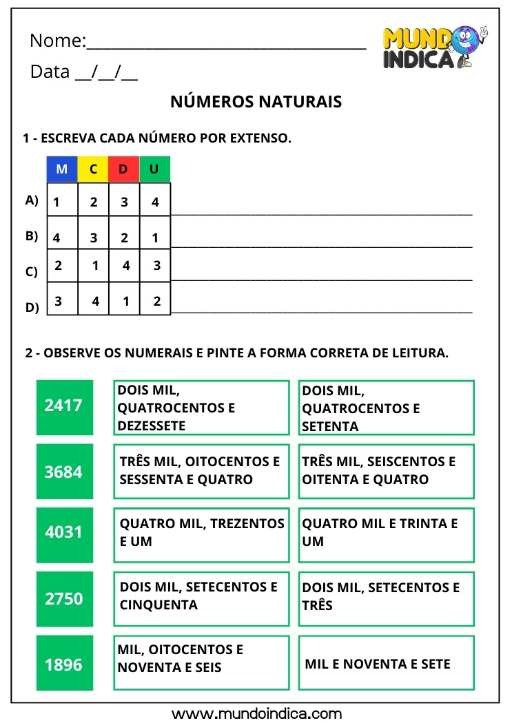 Atividade de Matemática 3º ano com Números Naturais de Quatro Ordens para Escrever e Pintar os Números por Extenso para Imprimir