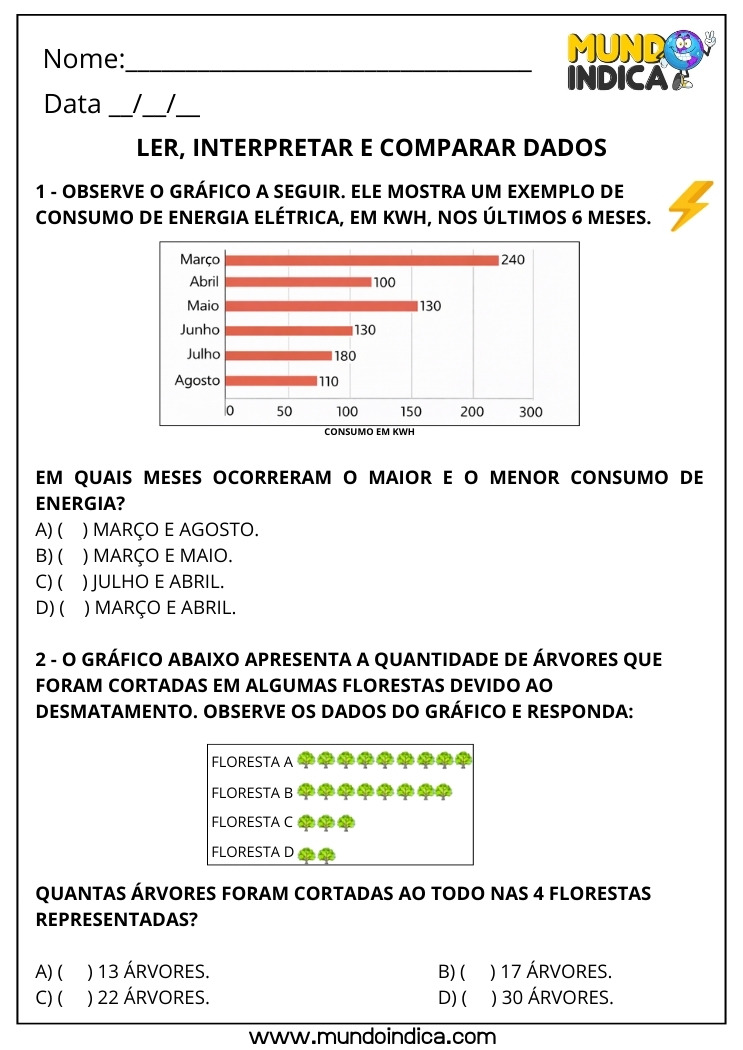 Atividade de Matemática 3º ano com Problemas Envolvendo Gráficos de Barra