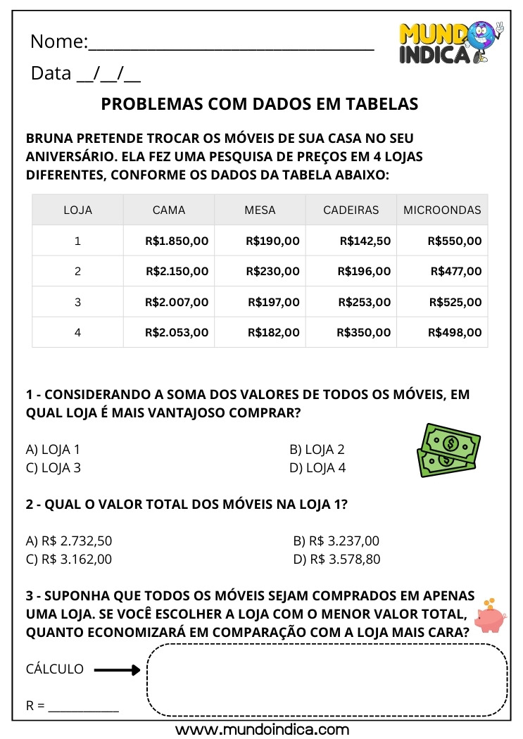 Atividade de Matemática 3º ano com Problemas Envolvendo Tabela e Comparação de Preços em Situações de Compra