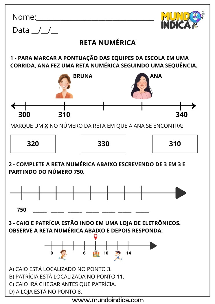 Atividade de Matemática 3º ano com Reta Numérica para Completar a Sequência dos Números e Resolver o Problema