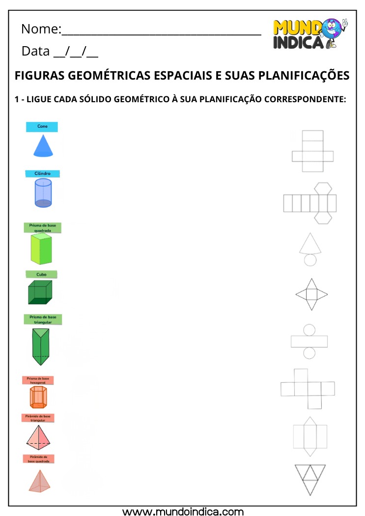 Atividade de Matemática 3º ano sobre Figuras Geométricas Espaciais e suas Planificações