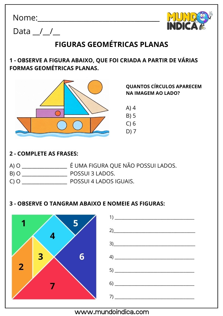 Atividade de Matemática 3º ano sobre Figuras Geométricas Planas com Tangram para imprimir