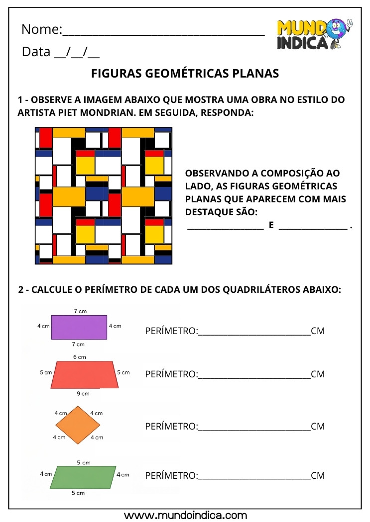 Atividade de Matemática 3º ano sobre Figuras Geométricas Planas com a Obra Estilo Piet Mondrian e para Calcular Perímetros dos Quadriláteros