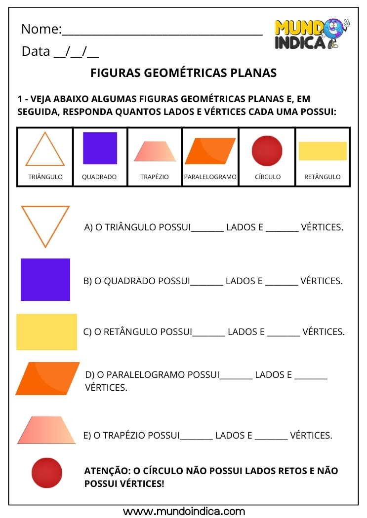 Atividade de Matemática 3º ano sobre Figuras Geométricas Planas para Responder Lados e Vértices