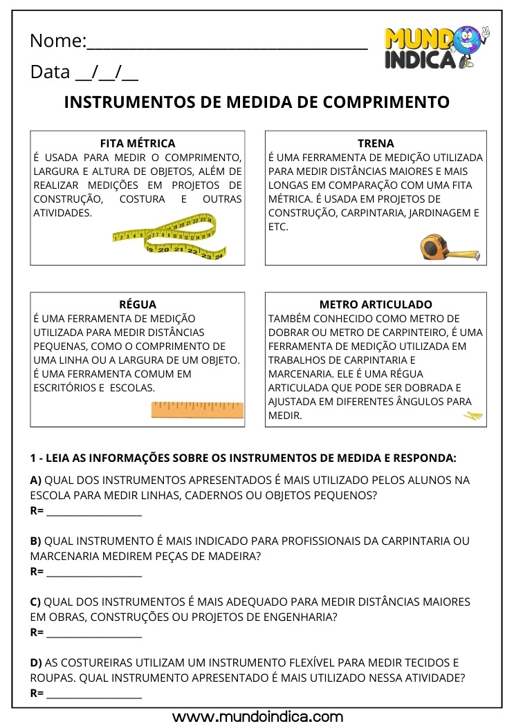 Atividade de Matemática 3º ano sobre Instrumentos de Medidas de Comprimento Padronizadas