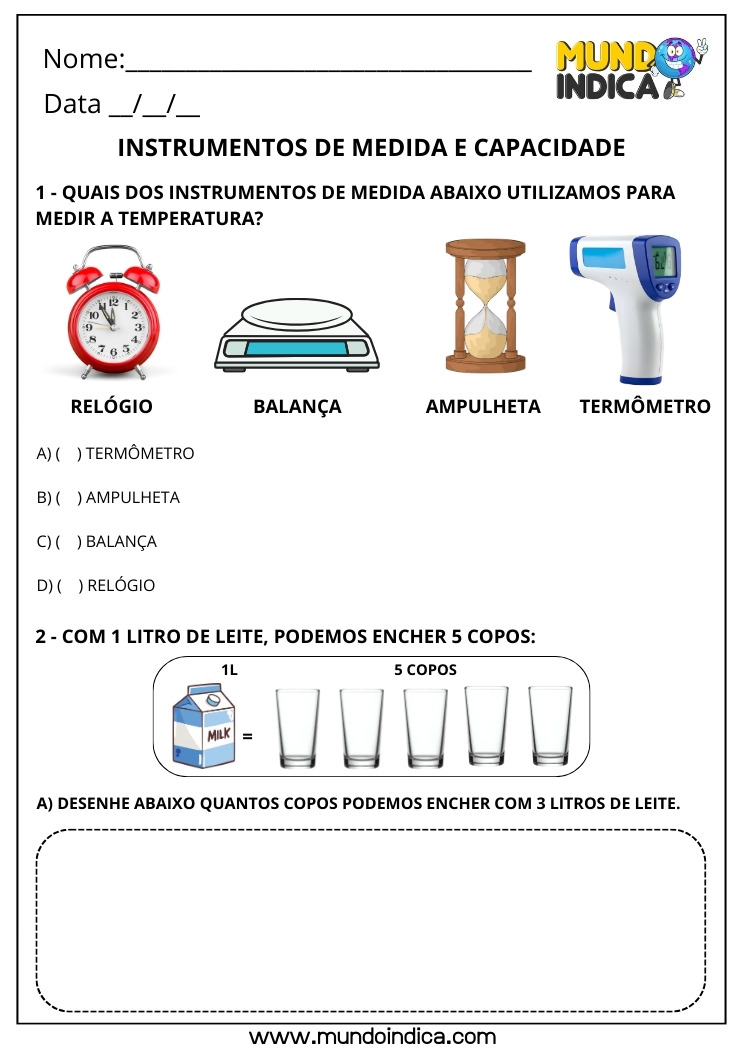 Atividade de Matemática 3º ano sobre Medidas de Capacidade e Instrumentos de Medida