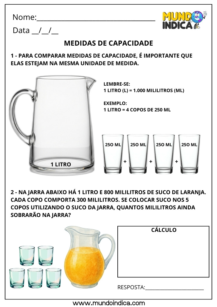 Atividade de Matemática 3º ano sobre Medidas de Capacidade para Imprimir