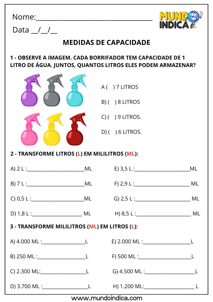 Atividade de Matemática 3º ano sobre Medidas de Capacidade para Transformar Litro em Mililitro e ML em L