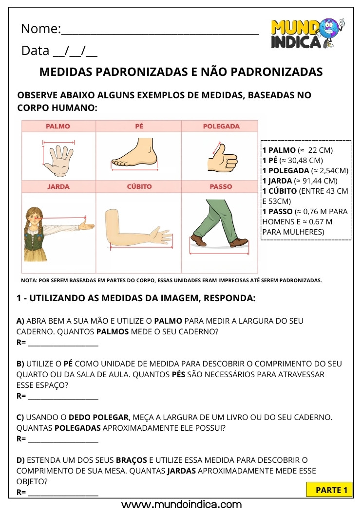 Atividade de Matemática 3º ano sobre Medidas de Comprimento Não Padronizadas baseadas no Corpo Humano para Imprimir