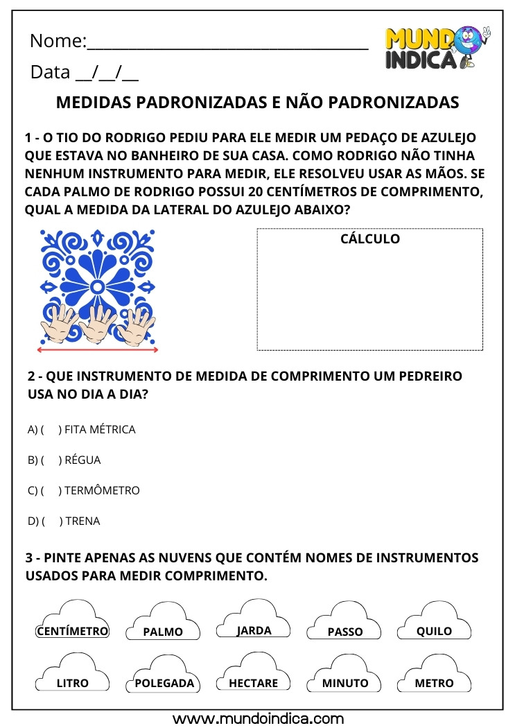 Atividade de Matemática 3º ano sobre Medidas de Comprimento Padronizadas e Não Padronizadas para Imprimir